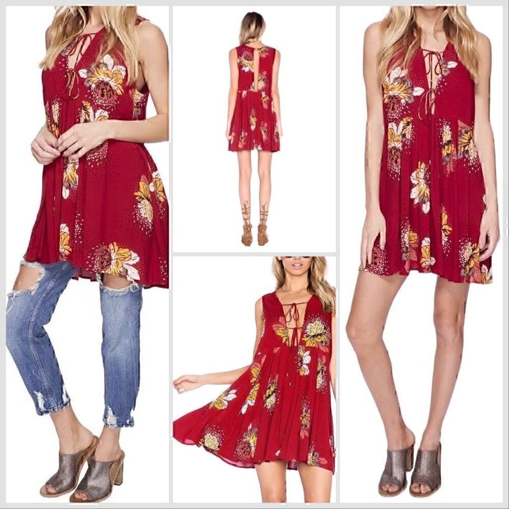 Free People Lovely Day Red Floral Print Dress Tunic V-Neck Tassels Women’s S